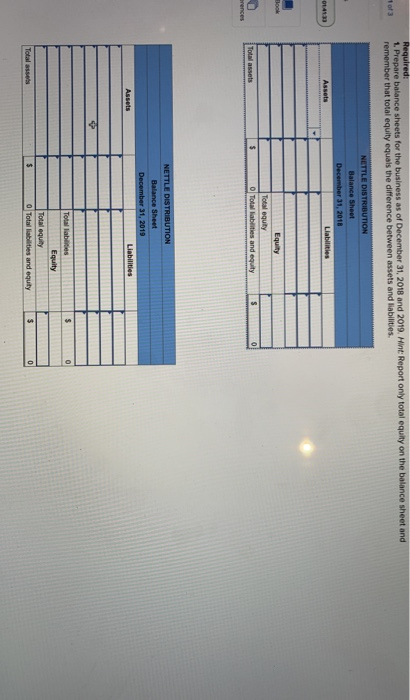 of 3 Required: 1. Prepare balance sheets for the business as of December 31, 2018 and 2019. Hint: Report only total equily on
