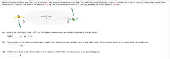 Two identical twins hold on to a rope, one at each end, on a smooth, frictionless ice surface. They skate in a circle about t