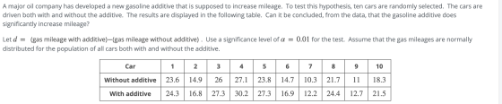 A major oil company has developed a new gasoline additive that is supposed to increase mileage. To test this hypothesis, ten