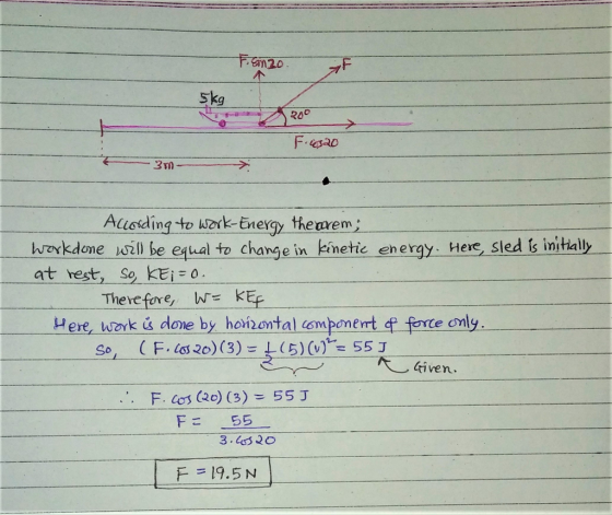 5㎏ Fa0 Aluoiding to wark-Enexcy theavem warkdome sll be eqhal to change in kinetic energy. Here, sted is initally Therefore, hr= Here luok s done by hoinontal esmbonertよforte only ( F.as2o) (3)-t(5)(vた551-erve (20) (3) F F. 4 55 J 55 F = 19.5 N
