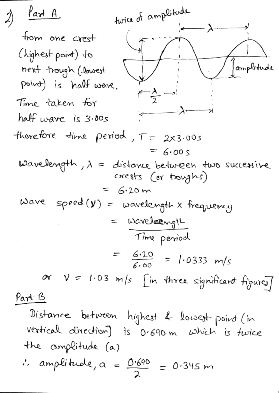 am hom one crest Chighest point) do poit) is haf wo ampatude next Time taken for wave IS 3.00s thore fore -time period T-2x3.o0s 6.00 S Wave Degth, λ = distance between tuo sucexive 6.2o m ώave speed (y) wa 6.20 6. 00 |-0333 m/s Part 3 Distance betweem higheat losejt poivt (ih vertical divedion) is 0690m hch is the ampbtude (a) 2.