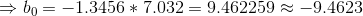 bo= -1.3456 * 7.032 = 9.462259 -9.4623