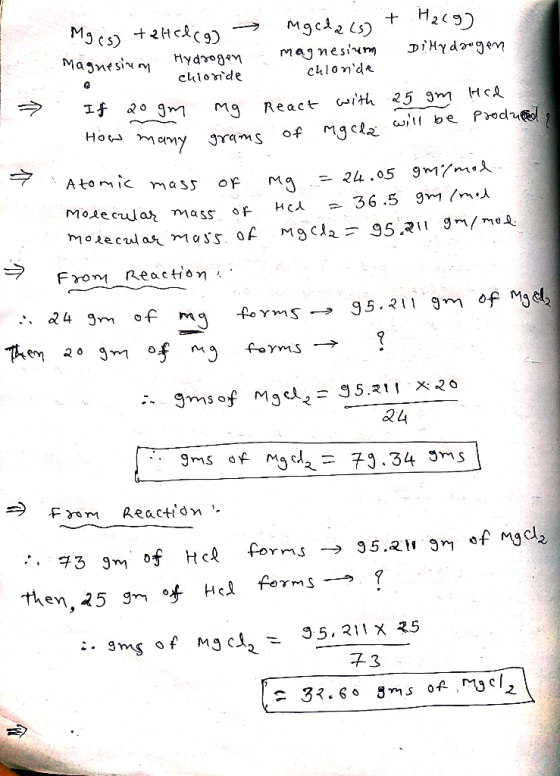 Mg(s) te Hedag → Mgeda (s) + H2cgg. Magnesium Hydrogen magnesium Di Hydrogen chloride chloride 7. If 20gm mg React with 25