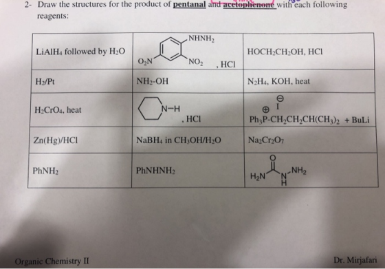 2. Draw the structures for the product of pentanal and acetophenone with each following reagents: ΝΗΝΗ, LiAlH4 followed by H2