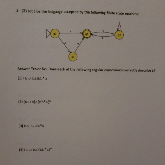 3. (8) Let L be the language accepted by the following finite state machine: q0 q1 q2 q3 Answer Yes or No: Does each of the following regular expressions correctly describe L? (1) (a uba)bba (2) (EU b)a(bb%)* (3) ba u ab*a (4) (a ba)(bb*a)*