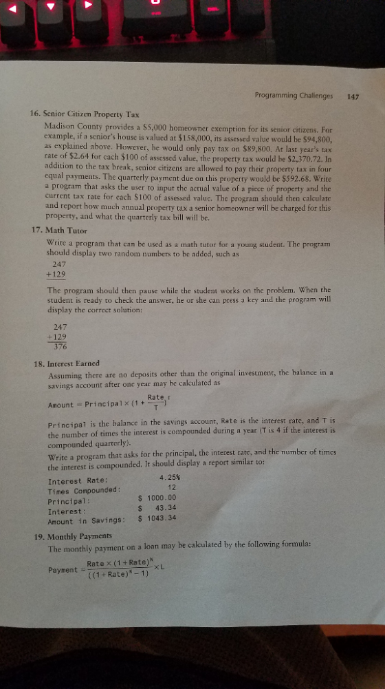Programming Challenges 147 16. Senior Citizen Property Tax Madison County provides a $5,000 homeowner exemption for its senio