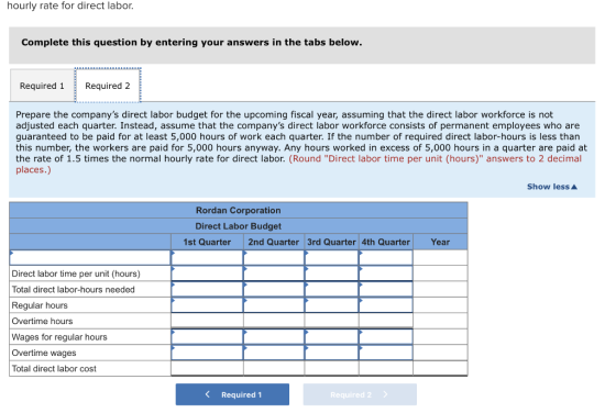 hourly rate for direct labor. Complete this question by entering your answers in the tabs below. Required 1 Required 2 Prepar