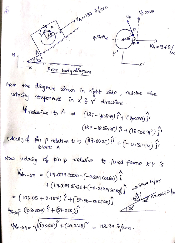 Vp coso > VA = 137 in/sec Up Sino a ho-e VA =134 ime AL ។ Y -xl free body diagram from the diagram shown in right side, resol