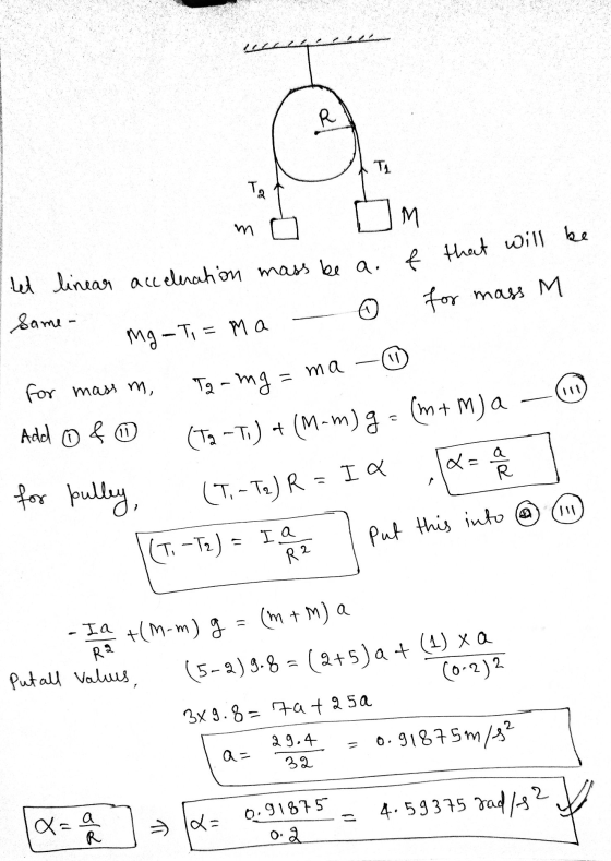 R TA T M m & that will be Let linear acceleration mass be a. Same- for mass M Mg - Ti = Ma 11 = ma- for mass m, Tg-mg = (Ta -