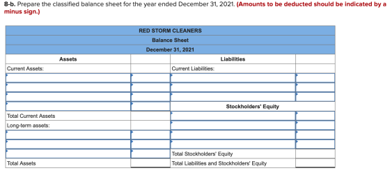 8-b. Prepare the classified balance sheet for the year ended December 31, 2021. (Amounts to be deducted should be indicated b