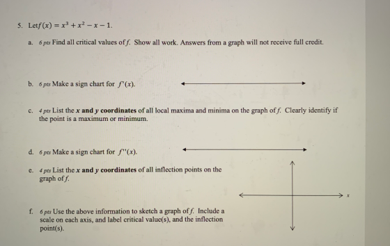 5. Letf(x) = x3 + x2 - x - 1. a. 6 pts Find all critical values off. Show all work. Answers from a graph will not receive ful