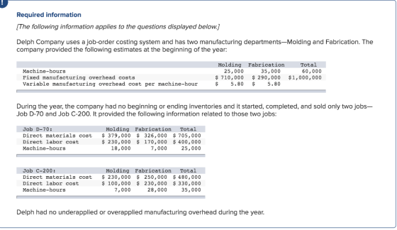 Required information (The following information applies to the questions displayed below.) Delph Company uses a job-order cos