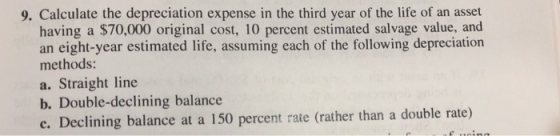 9. Calculate the depreciation expense in the third year of the life of an asset having a $70,000 original cost, 10 percent es