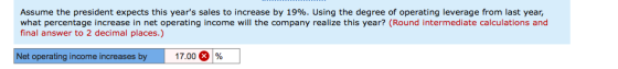 Assume the president expects this years sales to increase by 19%. Using the degree of operating leverage from last year, wha