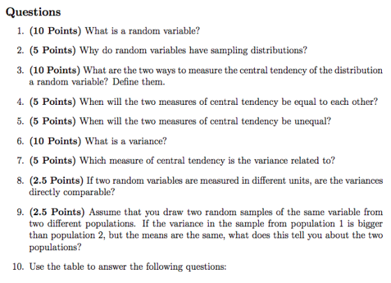 Questions 1. (10 Points) What is a random variable? 2. (5 Points) Why do random variables have sampling distributions? 3. (10 Points) What are the two ways to measure the central tendency of the distribution a random variable? Define them 4. (5 Points) When will the two measures of central tendency be equal to each other? 5. (5 Points) When will the two measures of central tendency be unequal? 6. (10 Points) What is a variance? 7. (5 Points) Which measure of central tendency is the variance related to? 8. (2.5 Points) If two random variables are measured in different units, are the variances directly comparable? 9. (2.5 Points) Assume that you draw two random samples of the same variable from two different populations. If the variance in the sample from population 1 is bigger than population 2, but the means are the same, what does this tell you about the two populations? 10. Use the table to answer the following questions: