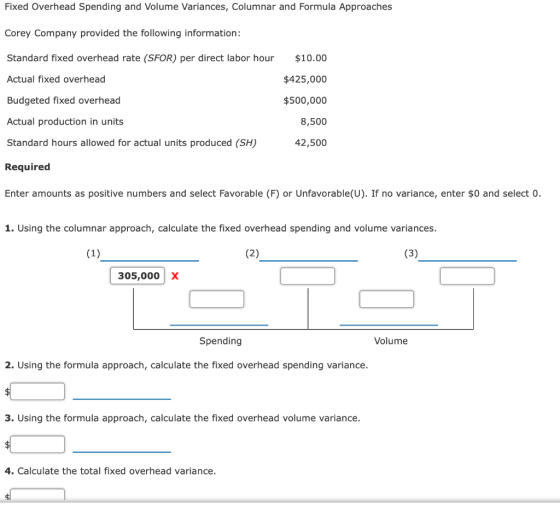 Fixed Overhead Spending and Volume Variances, Columnar and Formula Approaches Corey Company provided the following informatio