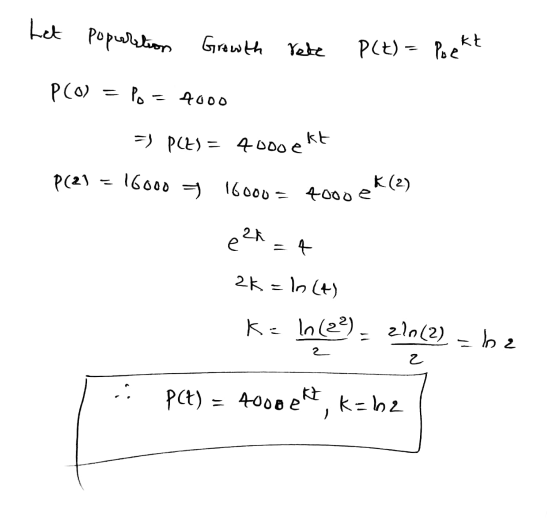 het popurition Growth rede kt P(t) = Poe PCO) = Po = 4000 = k(2) 16000 = 16000 = 4000 e P(2) e 2x 4 25 = ln () ke In (22), zl