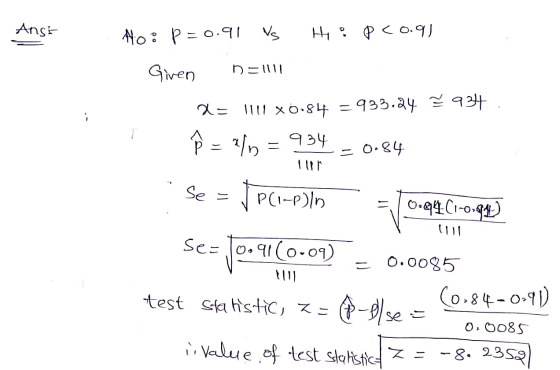 Anst fo: p=0.91 Vs Hy o PC0.91 Given D=1111 934. 2= 1111 x0,84 = 933.24 I Ñ = 2/9 = 934 – 0.84 Ộ = 410 = Turn . Se = FPC1-P)