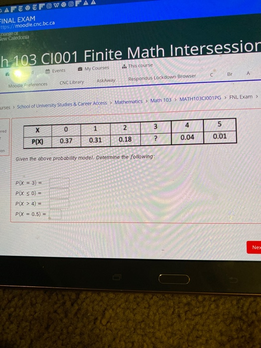 FINAL EXAM ttps://moodle.cncbc.ca College of New Caledonia h 103 C1001 Finite Math Intersessior d. This course Events = My Co