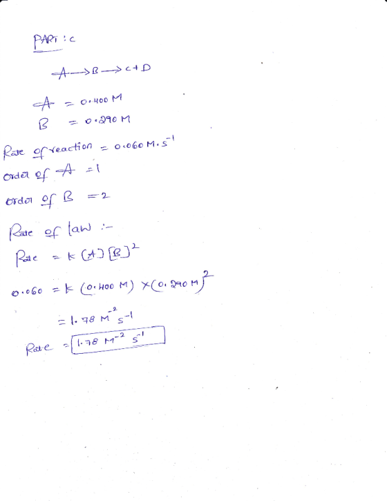 PART :C AB CAD A = 0.400 M B = 0.290 M Rate of reaction - 01060 Mos! Order of A order of B = 2 Rate of law :- Pate ak (4] [B]