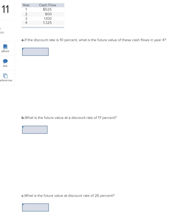 Year Nm Cash Flow $525 800 1.100 1,325 nts a.If the discount rate is 10 percent, what is the future value of these cash flows