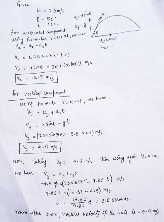 Given u= 20m/s. U 0 - 50 My= usino t = 1.15 Ay=-g for horizontal component 0 / using formula, uz utat, we have, V x = Uyta, t