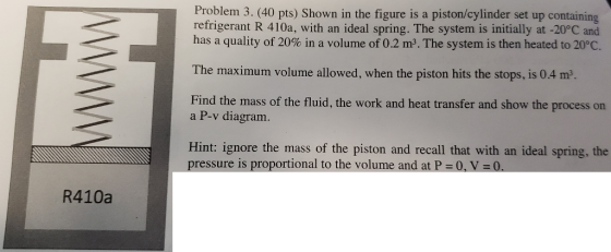 Problem 3. (40 pts) Shown in the figure is a piston/cylinder set up containing refrigerant R 410a, with an ideal spring. The system is initially at -20°C and has a quality of 20% in a volume of 0.2 m. The system is then heated to 20°C. The maximum volume allowed, when the piston hits the stops, is 04 m2. Find the mass of the fluid, the work and heat transfer and show the a P-v diagram. Hint: ignore the mass of the piston and recall that with an ideal spring, the pressure is proportional to the volume and at P 0, V 0 R410a