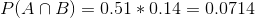 P(ANB) = 0.51 * 0.14 = 0.0714