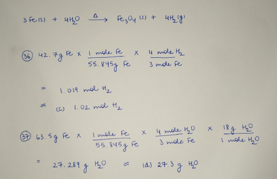 +4H0 3 FeIs I mele fe mole H 42. 79 Fex X 36 55.8457 Fe 3 mole Fe 1.014 mol H I.02 mo tH H I mole Ho 184 4 mole HO 3 63.59 Fe