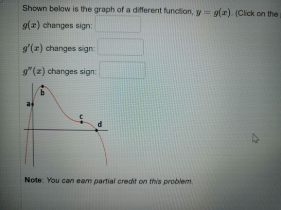 Shown below is the graph of a different function, y = g(x). (Click on the g(x) changes sign: g(x) changes sign: g(x) change