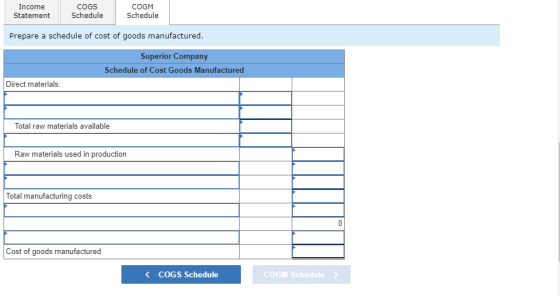 Income Statement COGS Schedule COGM Schedule Prepare a schedule of cost of goods manufactured. Superior Company Schedule of C