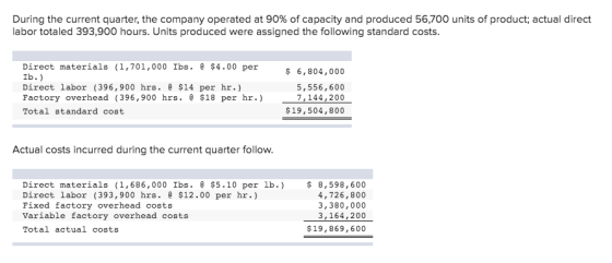 During the current quarter, the company operated at 90% of capacity and produced 56,700 units of product; actual direct labor