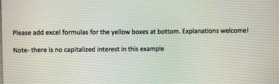 Please add excel formulas for the yellow boxes at bottom. Explanations welcome! Note- there is no capitalized interest in thi