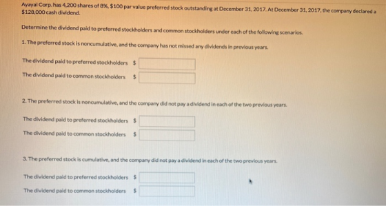 Ayayal Corp. has 4,200 shares of 8%, $100 par value preferred stock outstanding at December 31, 2017. At December 31, 2017, t