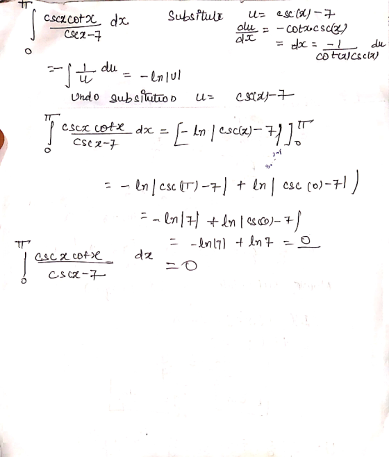 Subsitute csc cotx dx. Cser-7 تعليله U= escld) -7 - cotxescu dx dx = -l du cotal cscla) - fu di du -lniul Undo subsitution U=