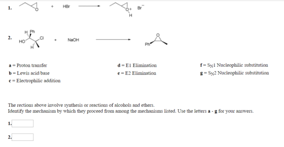 + HBr 1. O+ Br Ph 2. CNaOH но Ph f SNI Nucleophilic substitution g SN2 Nucleophilic substitution a -Proton transfer b- Lewis