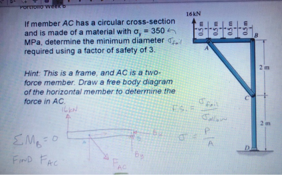PortTOTTO Week o 16 kN If member AC has a circular cross-section and is made of a material with Oy = 350 MPa, determine the m