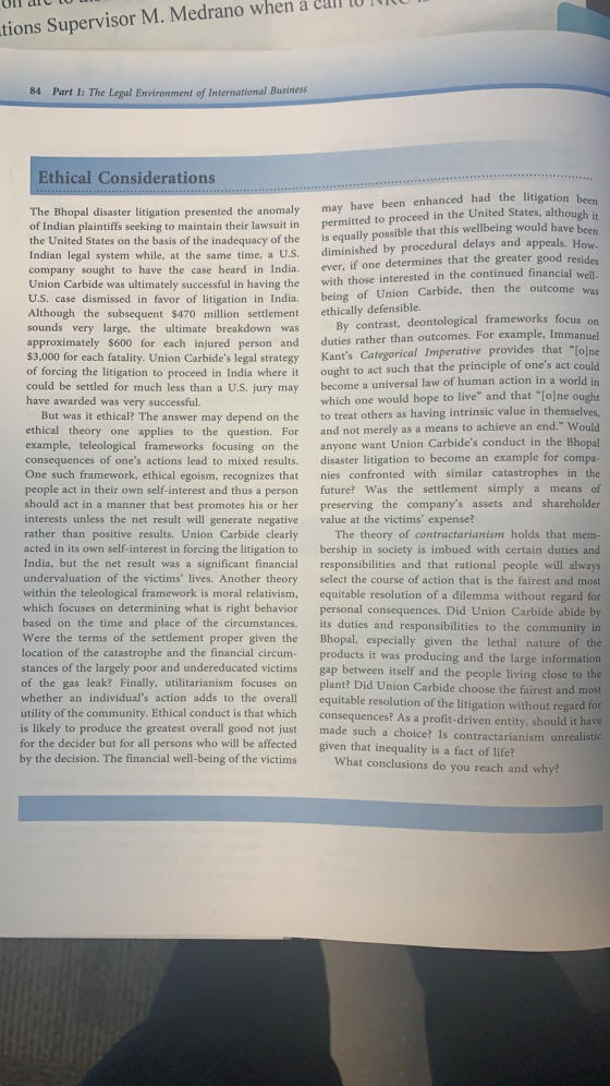 LUI DI LU utions Supervisor M. Medrano when a call (U 84 Part 1: The Legal Environment of International Business Ethical Cons