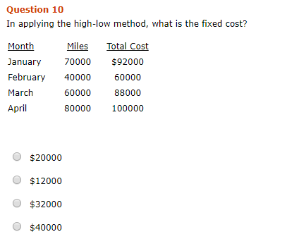 Question 10 In applying the high-low method, what is the fixed cost? Month January February March April Miles 70000 40000 600