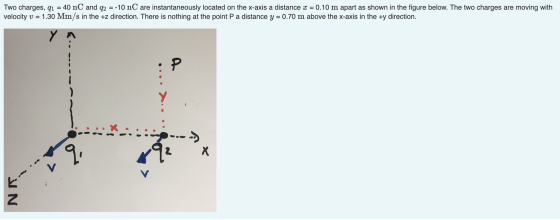 Two charges, qı = 40 nC and q2 = -10 nC are instantaneously located on the x-axis a distance x = 0.10 m apart as shown in the