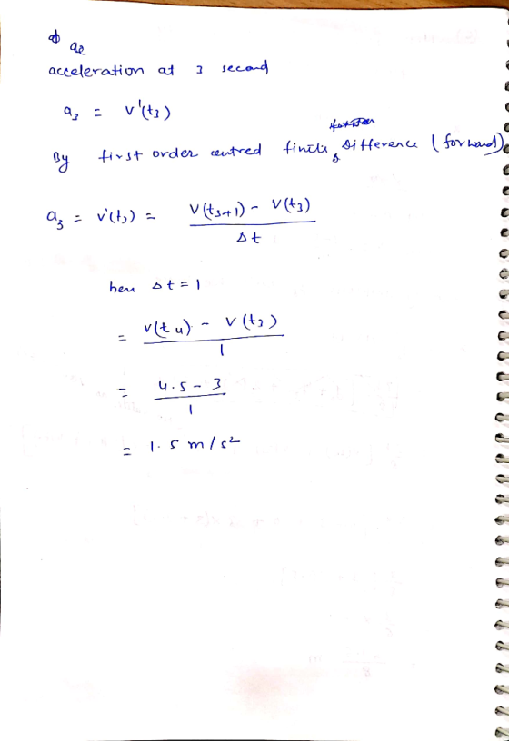 acceleration at ] second ag = vitz) Hapon By first order centred finite difference (for word) az - vilty) - vist1) - V(+3) D