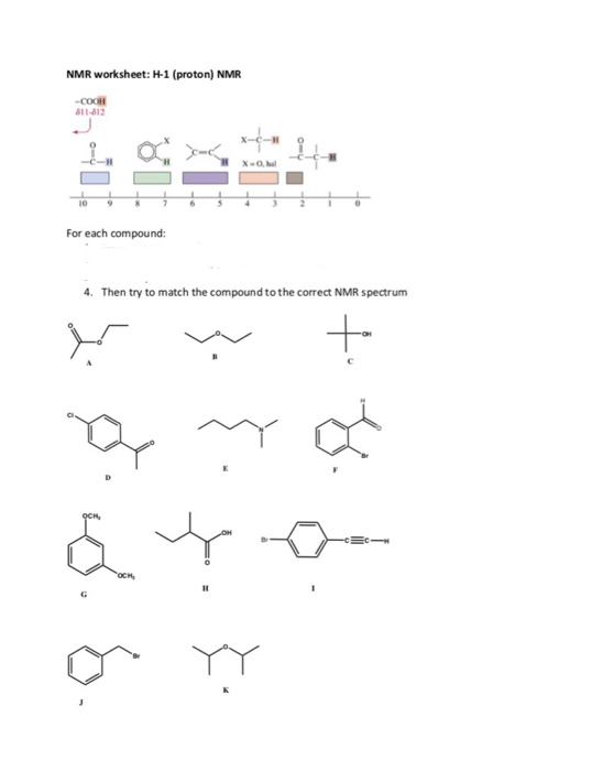NMR worksheet: H-1 (proton) NMR -COOH کد 11 وه اسط .)= X For each compound: 4. Then try to match the compound to the correct