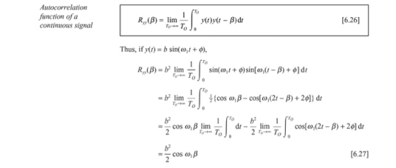 Autocorrelation function of a continuous signal k,(β)-lim [6.26] Thus, ify(1)s b sin(a,, + φ), R,,(β)-b? linn. To sin(a,1 + φ