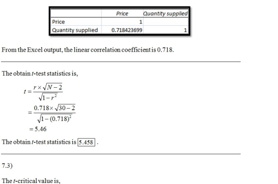 Pric e Quantity supplied Price Quantity supplied 0.718423699 1 From the Excel output, the linear correlation coefficient is 0.718. The obtain t-test statistics is, 1-r 0.718x 30-2 1-(0.718)* 5.46 The obtain t-test statistics is 5.458 7.3) Thet-critical value is,