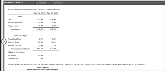 Homework: Chapter 16 Calculator Print Item Use the following information from Berlin Companys financial statements. Dec. 31,