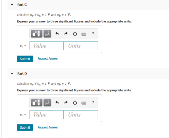 Part C Calculate Vo if Va = 2 V and vb = 1 V Express your answer to three significant figures and include the appropriate uni