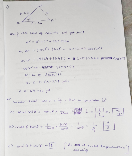 b=123 а 31° B c=116 wsing the Law of cosines, we get that a = b^tcr-abe cosa a ~ (123)++ (116)° - 2x123x116 Cos (310) on an -