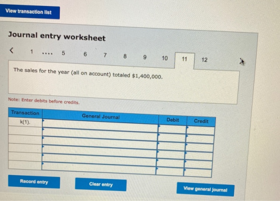 View transaction list Journal entry worksheet < 1 ... 5 6 7 8 9 10 11 12 The sales for the year (all on account) totaled $1,4