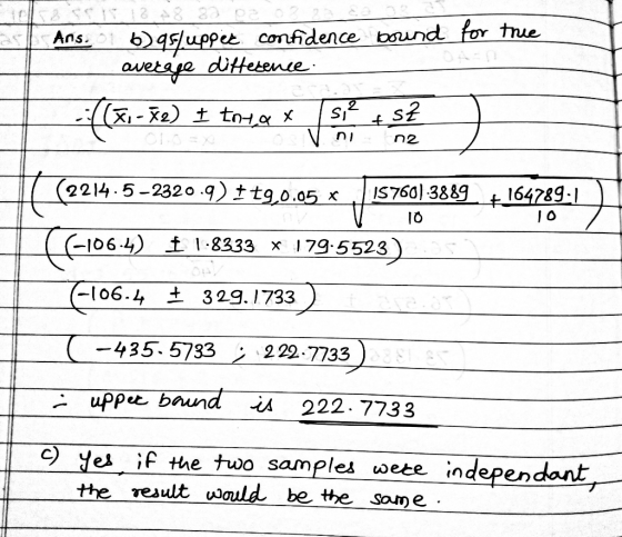 buppe confidence bund for true avetae ditference Ans. (-e) t to st X (2214.5-2320.9) t tg,0.05 x IS7601 3889 164789- (-106.4)