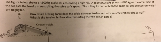 The figure below shows a 4800 kg cable car descending a high hill. A counterweight of mass 4400 kg on the other side of the hill aids the breaks in controlling the cable cars speed. The rolling friction of both the cable car and the counterweight are negligible. a. How much braking force does the cable car need to descend with an acceleration of 0.15 m/s? b. What is the tension in the cable connecting the two cars in part a? Counterweight 200 m